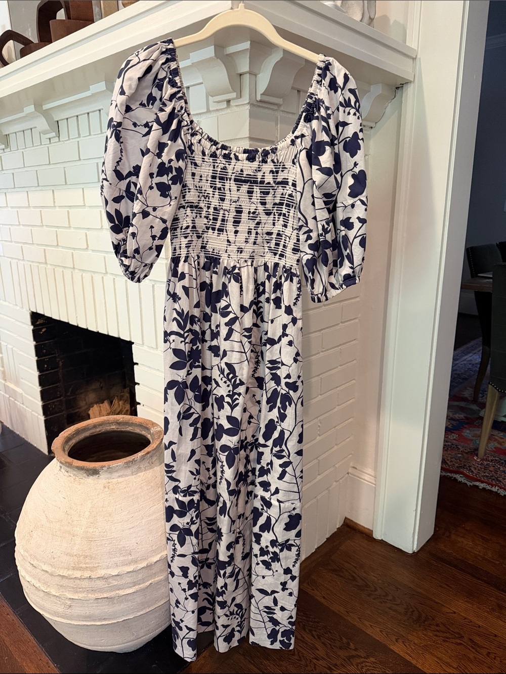 La Ligne Navy Floral Smocked Puff-Sleeve Maxi Dress